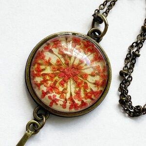 Beautiful Handmade Real Pressed Flower Necklace in Coral and Antique Brass
